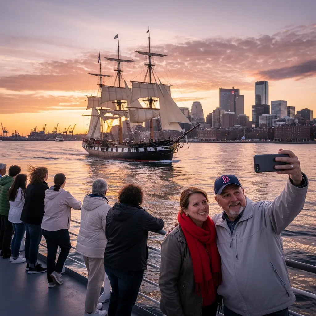 Панорама гавани Бостона с историческими кораблями.
