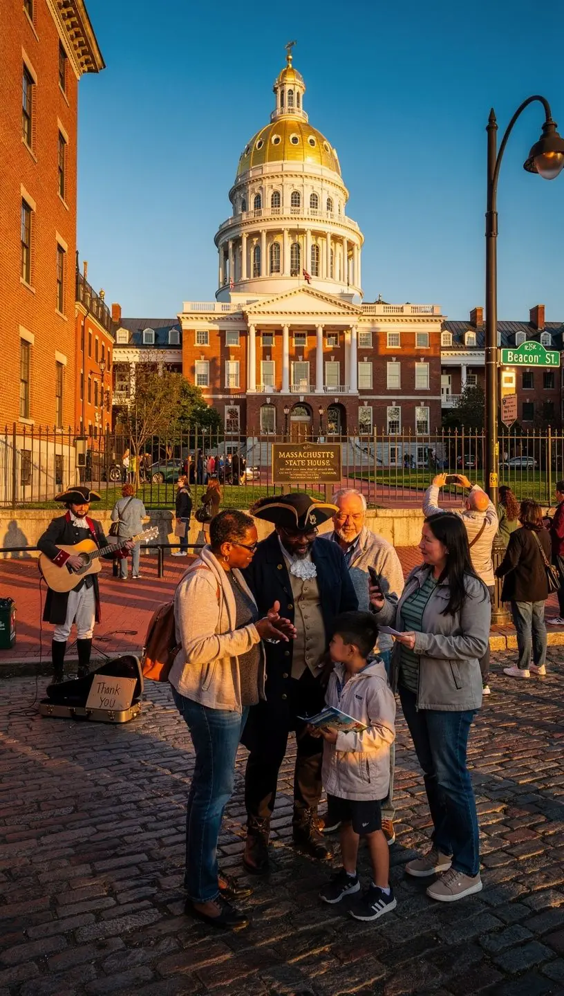 Группа туристов, идущих по Свободной тропе, рассматривающих памятники.