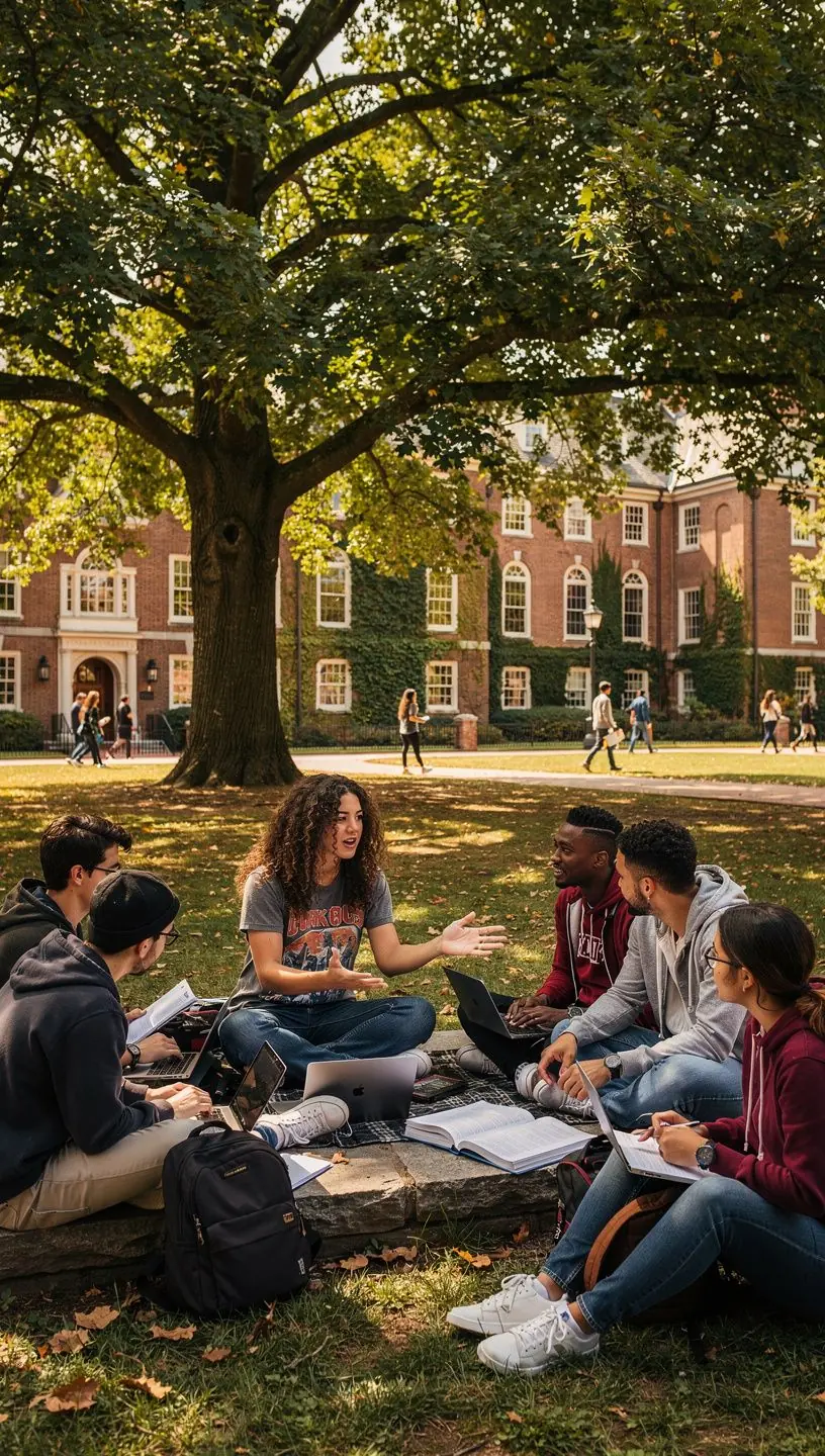 Студенты, изучающие историю на кампусе университета в Бостоне.