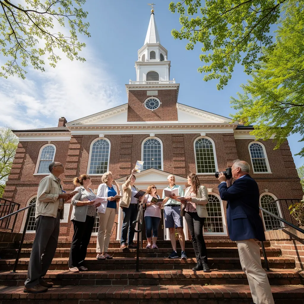 Изображение исторического здания на Свободной тропе Бостона, окруженного зелеными деревьями и туристами.