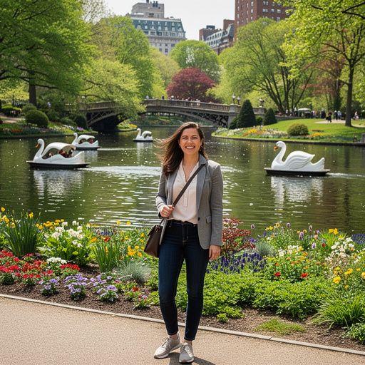 Панорамный вид на улицы Бостона с колониальными зданиями и современными магазинами.