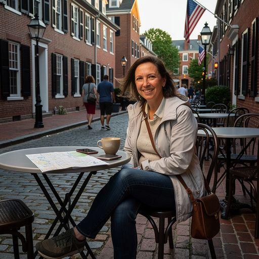 Кафе на улице с атмосферой старого Бостона и уличными артистами.